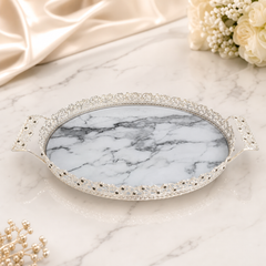 Luxury Silver-Plated Round Marble Serving Tray with Ornate Handles