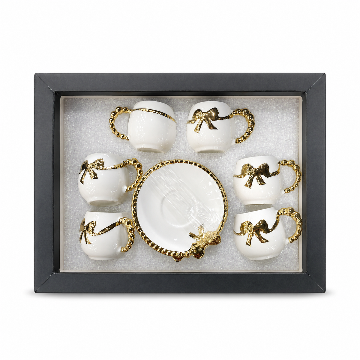 Luxury Gold-Trimmed Porcelain Coffee Cup Set with Elegant Ribbons - 6 Cups, 1 Saucer, Gift Box