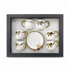 Luxury Gold-Trimmed Porcelain Coffee Cup Set with Elegant Ribbons - 6 Cups, 1 Saucer, Gift Box