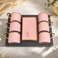 Elegant Pink Gold-Trimmed Ceramic Coffee Cup and Saucer Set for Six