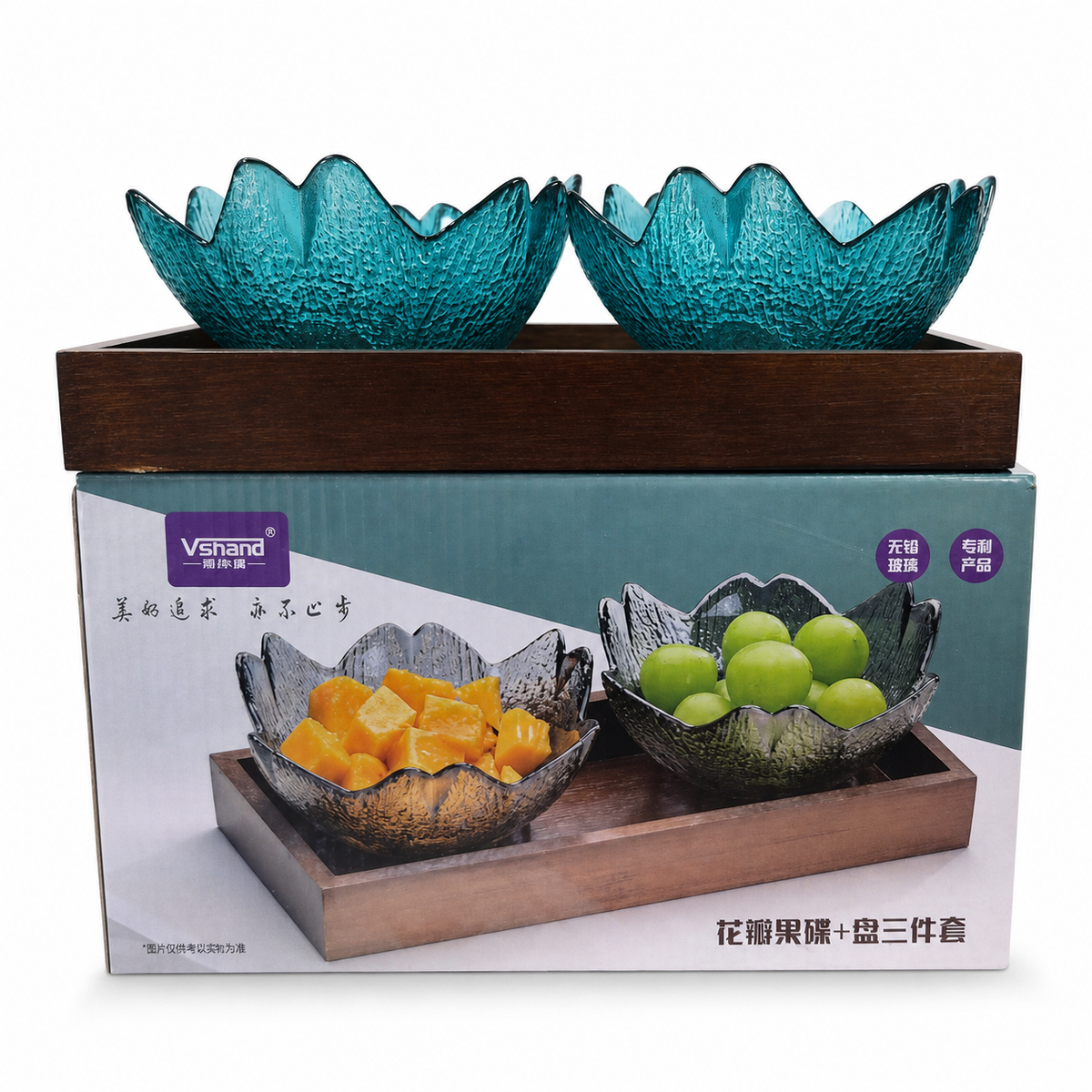 Elegant Glass Fruit Bowl Set with Wooden Tray – Vsnad Decorative Serving Bowls for Dining Table or Kitchen