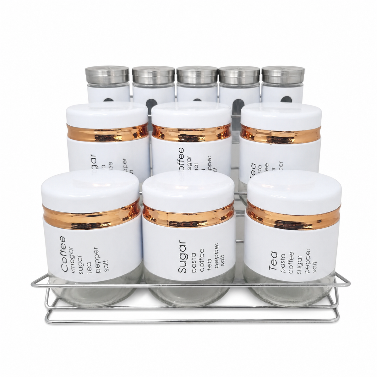 Airtight Glass Spice Jar Set with Metal Lids and Stand - Elegant Labelled Storage Containers for Kitchen Pantry