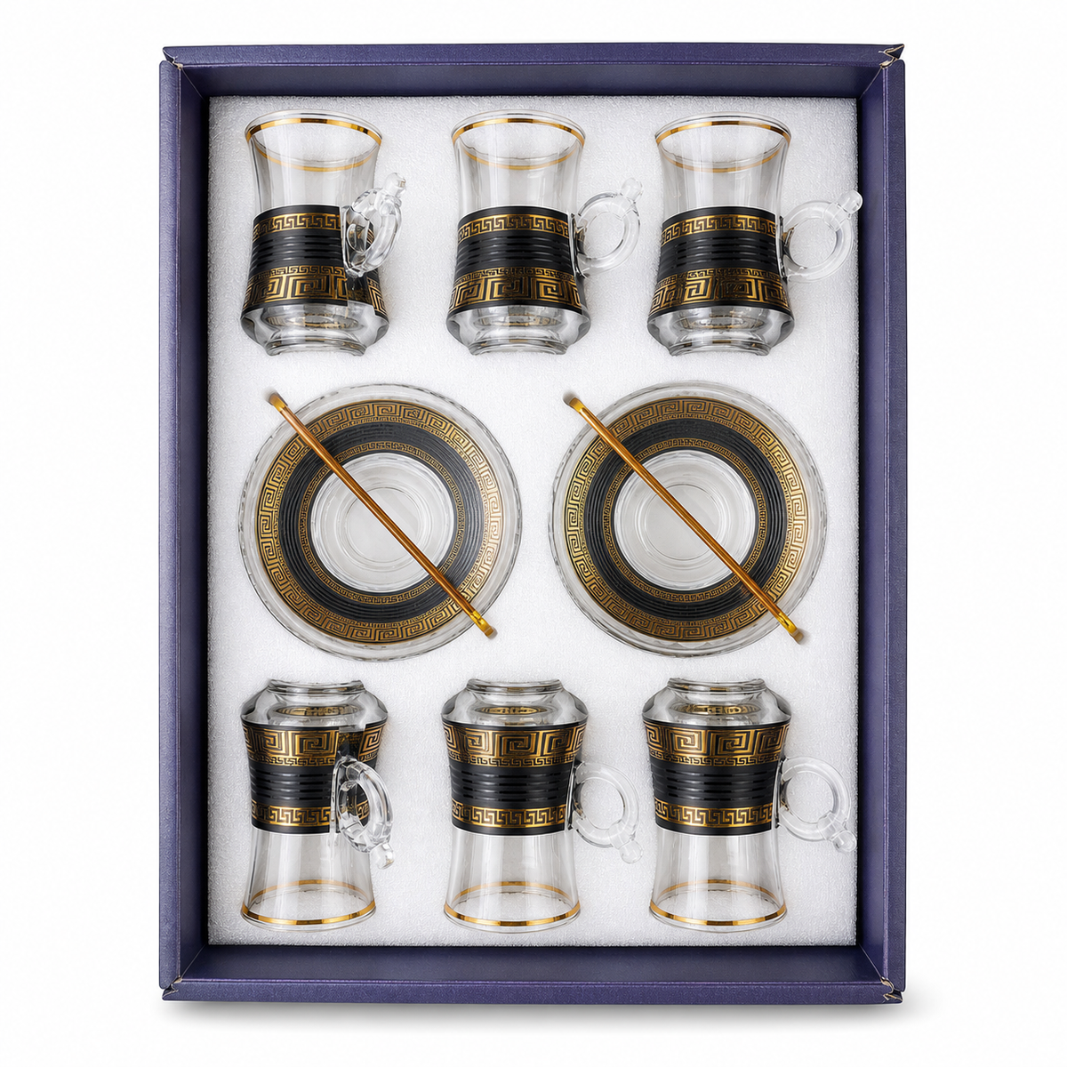 Luxury Greek Key Design Glass Tea Set with Saucers and Spoons - 12 Piece