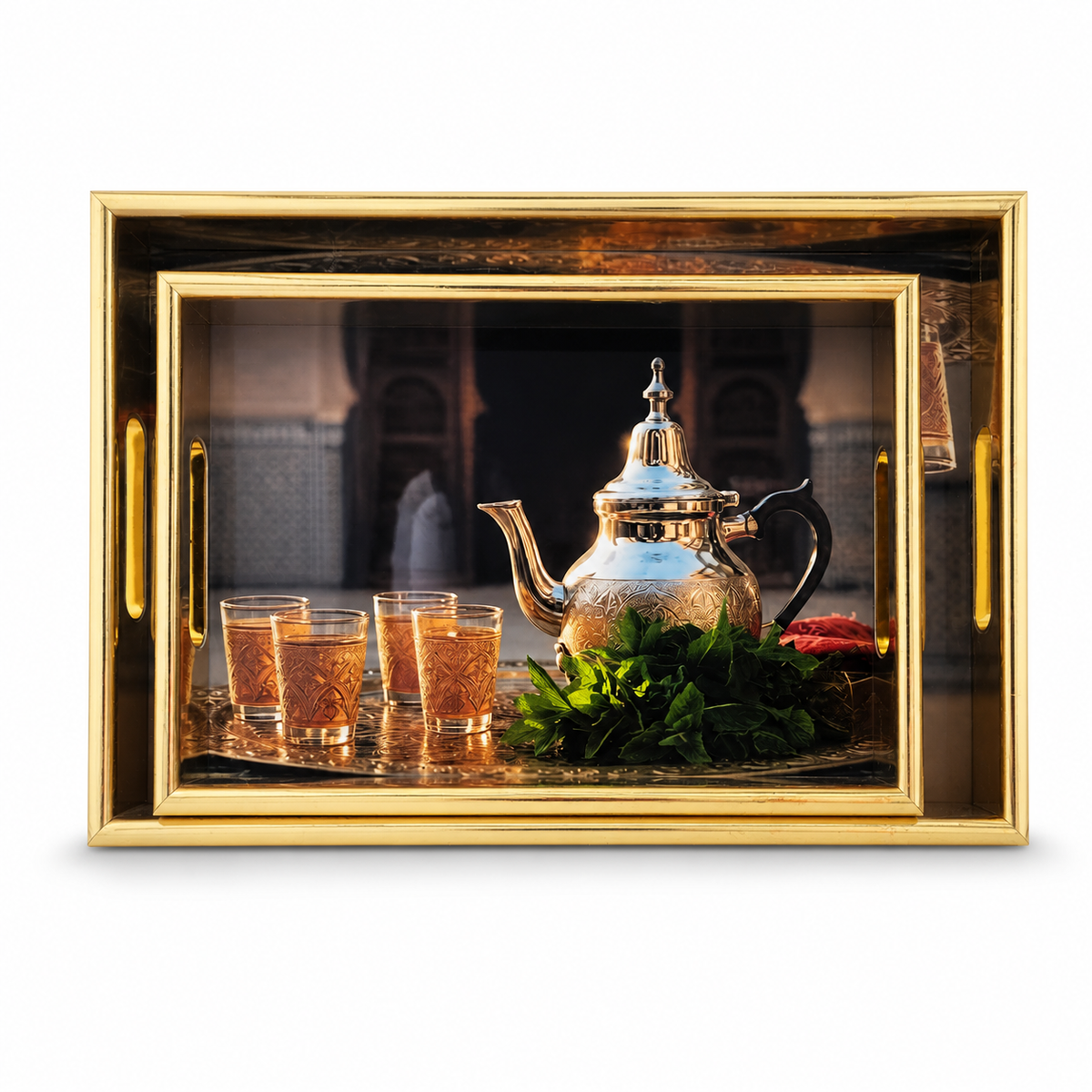 Luxury Moroccan Tea Set with Ornate Silver Teapot and Golden Tray