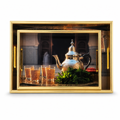 Luxury Moroccan Tea Set with Ornate Silver Teapot and Golden Tray