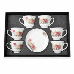 Floral Bone China Tea Cup Set of 6 with Delicate Rose Design