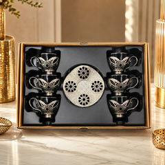 Luxury Turkish Tea Set with Intricate Metal Detailing – 6 Cups and Saucers