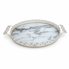 Luxury Silver-Plated Round Marble Serving Tray with Ornate Handles