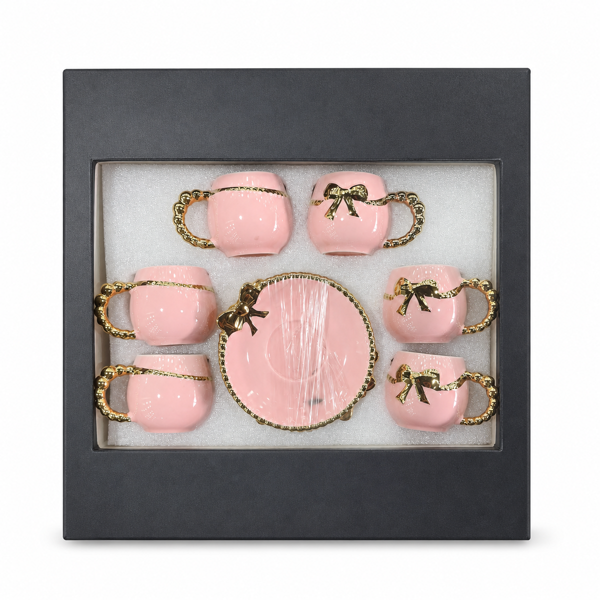 Elegant Pink Ceramic Teacup Set with Gold Accents - 6 Cups and Saucers Gift Box