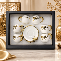 Luxury Gold-Trimmed Porcelain Coffee Cup Set with Elegant Ribbons - 6 Cups, 1 Saucer, Gift Box