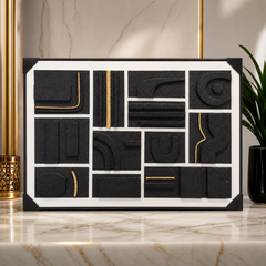 Modern Abstract Black and Gold Textured Wall Art Décor - Framed Geometric Relief Panel