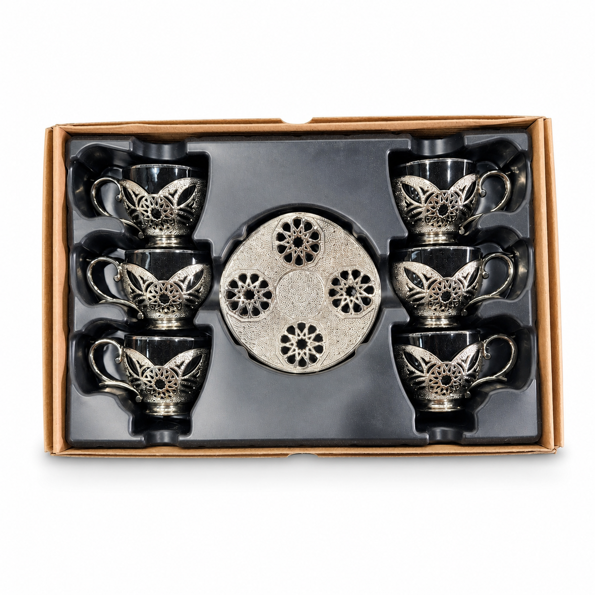 Luxury Turkish Tea Set with Intricate Metal Detailing – 6 Cups and Saucers