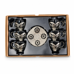 Luxury Turkish Tea Set with Intricate Metal Detailing – 6 Cups and Saucers