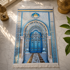 Moroccan Blue Doorway Decorative Prayer Rug with Fringe