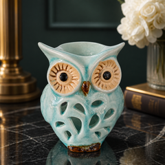 Ceramic Owl Tealight Candle Holder – Handcrafted Decorative Accent in Turquoise and Beige