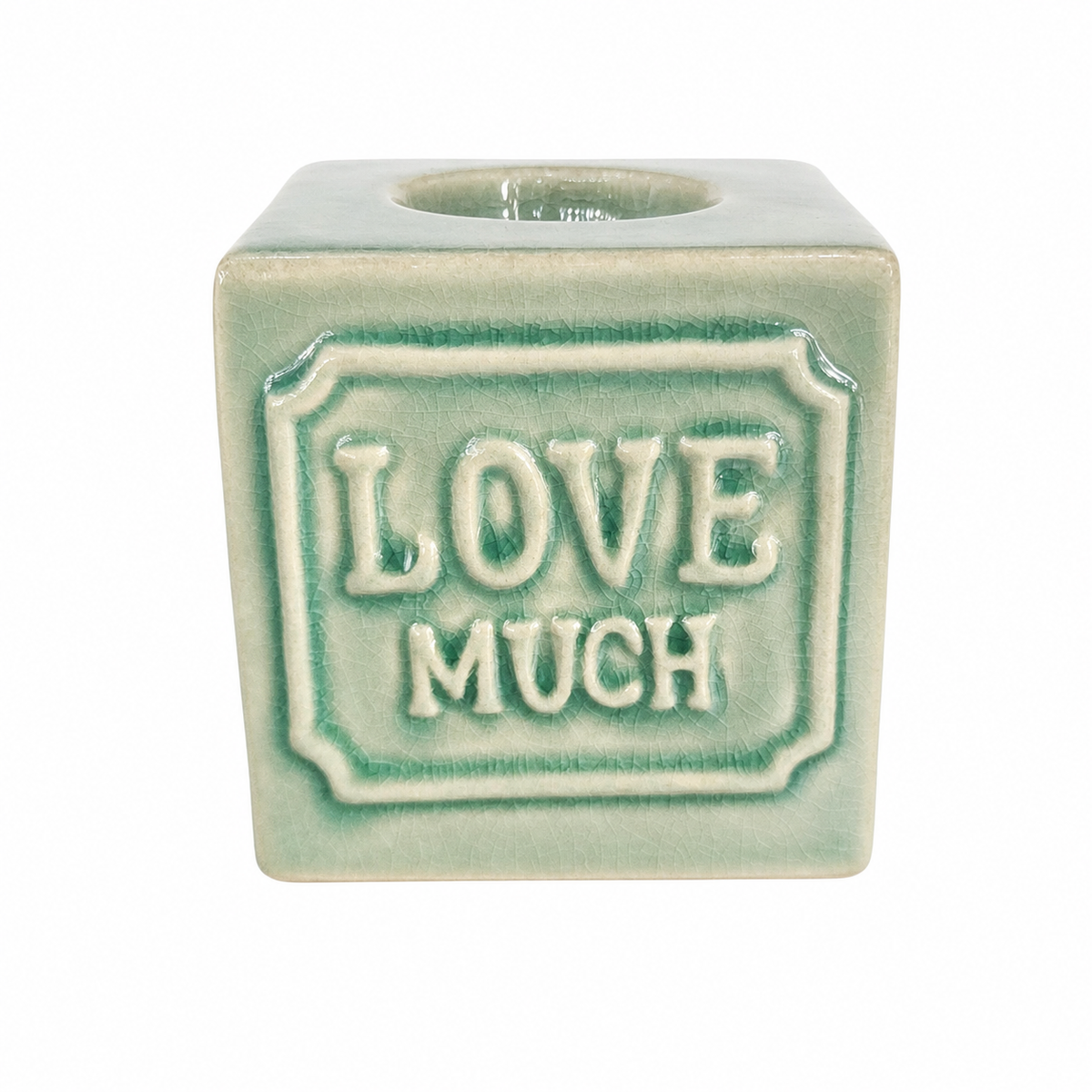Ceramic "Love Much" Cubic Vase in Vintage Mint Green