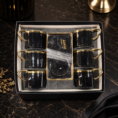Elegant Black Ceramic Gold-Trimmed Coffee Cup Set with Tray - 5-Piece Gift Box Set