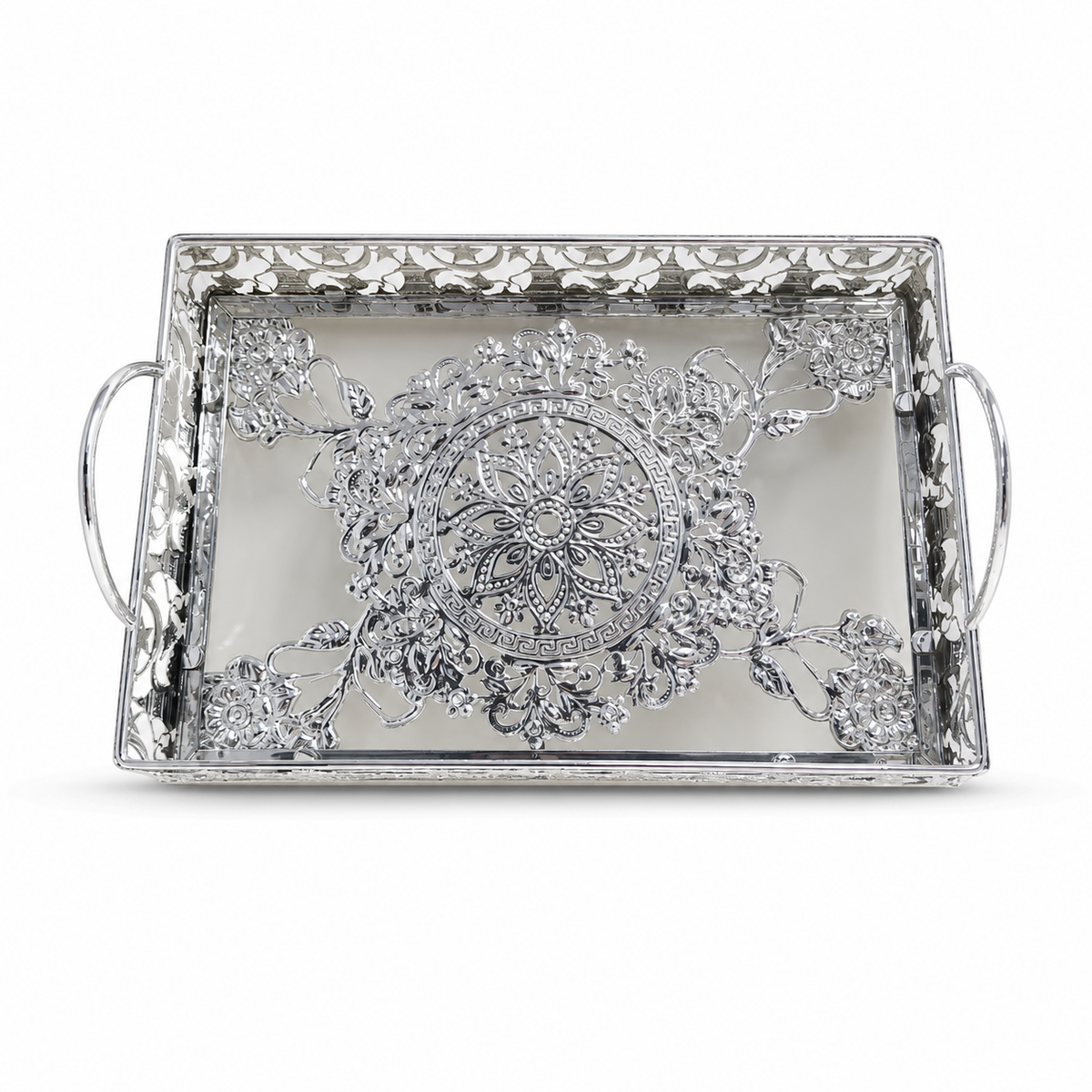 Antique Silver-Plated Ornate Rectangular Serving Tray with Handles