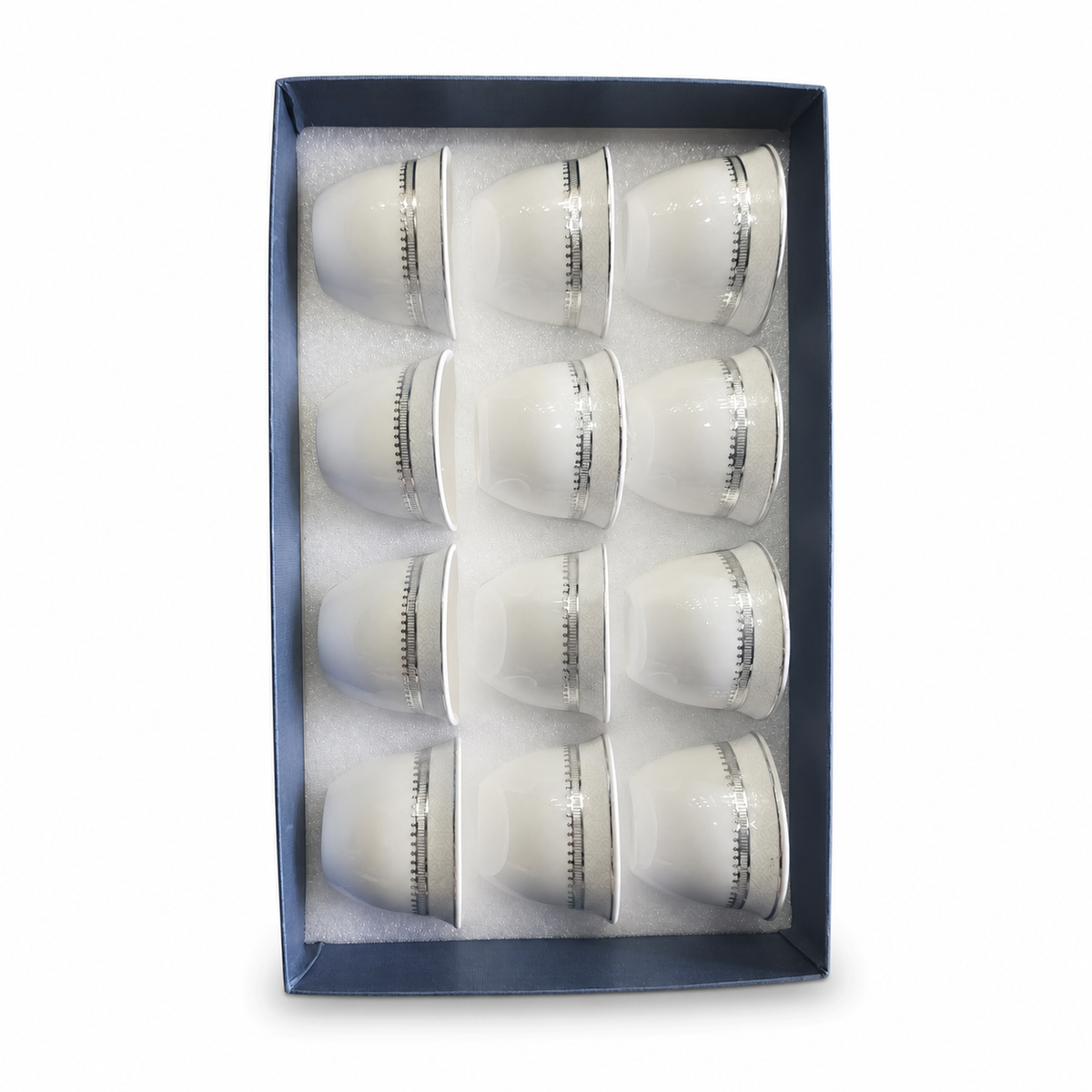 Porcelain Turkish Coffee Cup Set of 12 with Silver Trim and Gift Box