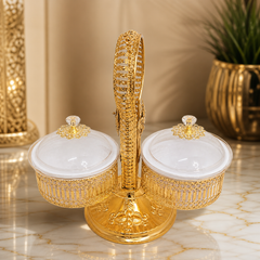 Gold-Plated Dual Compartment Glass Candy Dish with Handle - Elegant Party Serving Bowl