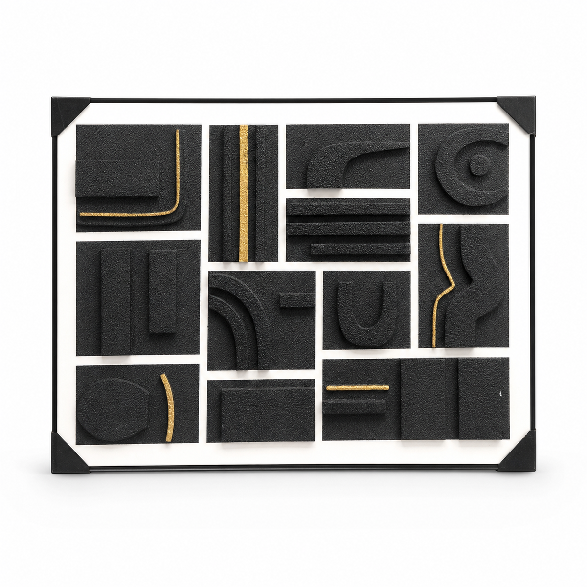Modern Abstract Black and Gold Textured Wall Art Décor - Framed Geometric Relief Panel