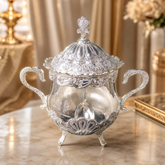 Elegant Silver-Plated Sugar Bowl with Lid and Spoon Set