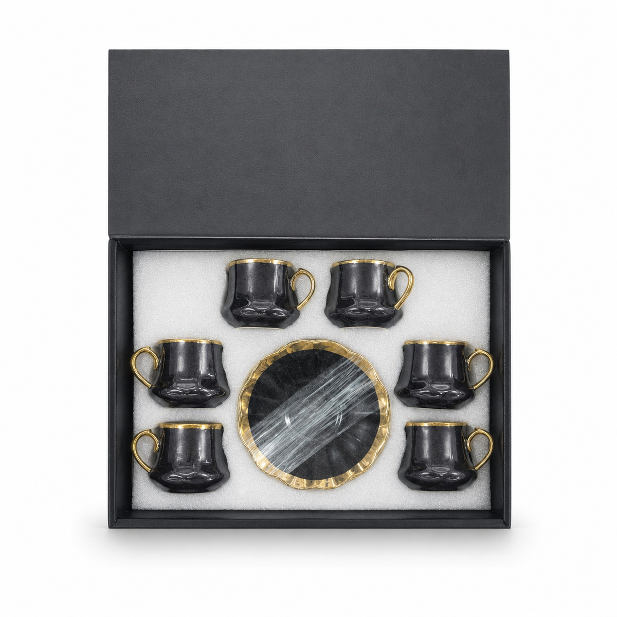 Luxury Black Espresso Cup Set with Gold Trim – 6 Porcelain Cups and Saucers in Gift Box