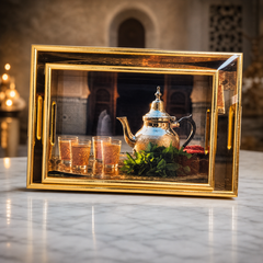 Luxury Moroccan Tea Set with Ornate Silver Teapot and Golden Tray