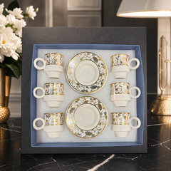 6-Piece Porcelain Tea Cup and Saucer Set with Gold Floral Design