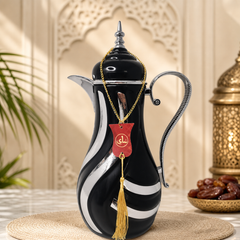 Elegant Black Arabic Coffee Pot with Silver Accents and Gold Chain Decor, 1L
