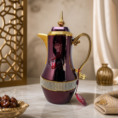 Luxurious Gold and Burgundy Diamond-Accented Arabic Coffee Pot Thermos