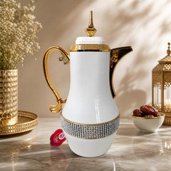Elegant Gold Trim Arabic Coffee Pot – Luxury White & Gold Dallah with Diamond Accents