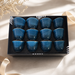 Set of 12 Elegant Blue Ceramic Tea Cups - Japanese Inspired Design