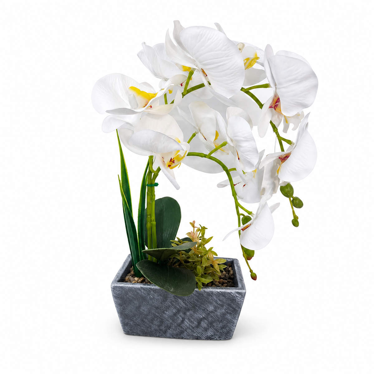 Artificial White Orchid Arrangement in Stone Planter for Elegant Home Decor