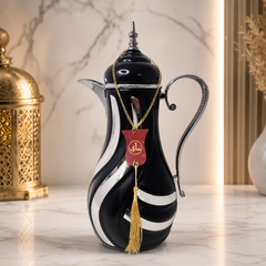 Elegant Black Arabic Coffee Pot with Silver Accents and Gold Chain Decor, 1L