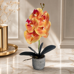 Artificial Orange Orchid in Decorative Pot - Realistic Silk Flower Arrangement for Home Decor or Gifts