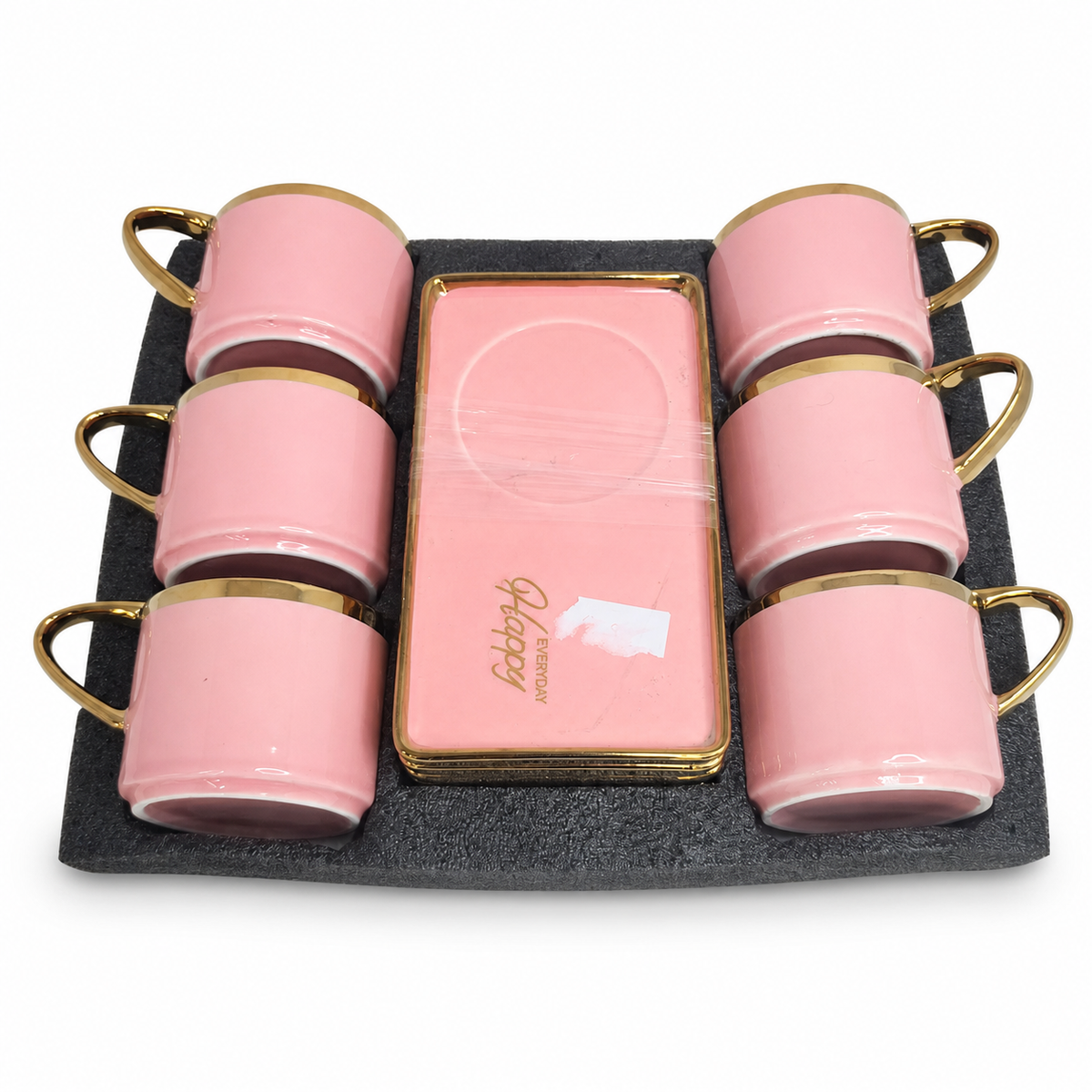 Elegant Pink Gold-Trimmed Ceramic Coffee Cup and Saucer Set for Six