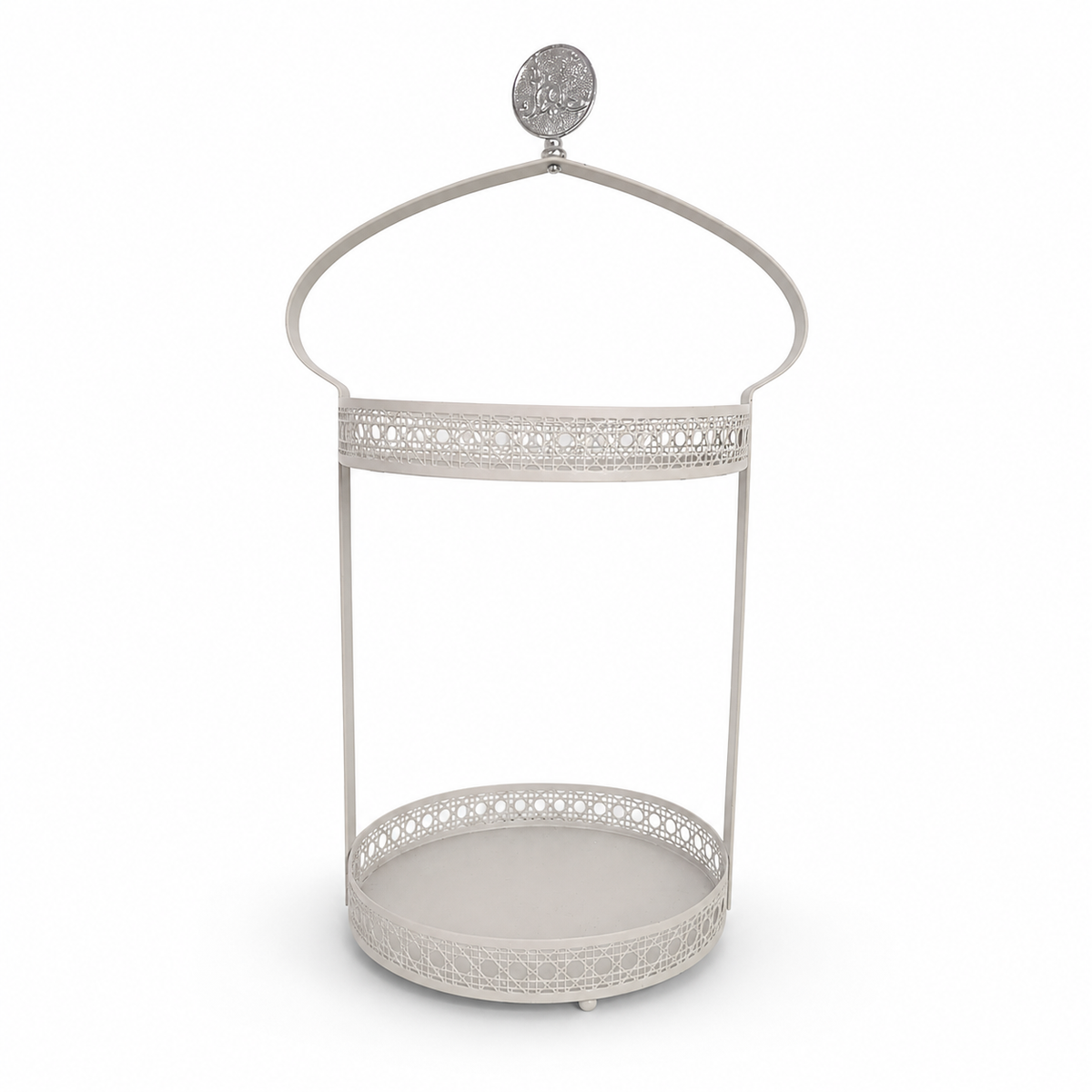 Elegant White Metal Umbrella Stand Holder with Lace Detailing and Decorative Top