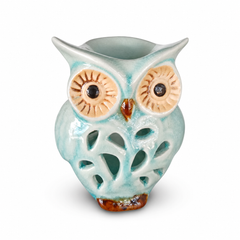 Ceramic Owl Tealight Candle Holder – Handcrafted Decorative Accent in Turquoise and Beige