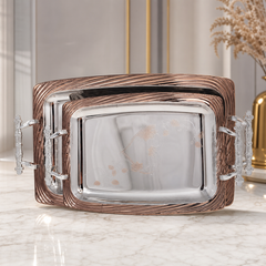 Luxury Copper Trim Silver-Plated Serving Tray Set with Ornate Handles
