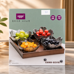 Vshand Glass Flower Nut Dish Set of 5 with Wooden Tray