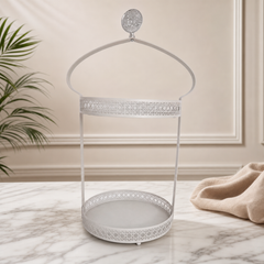 Elegant White Metal Umbrella Stand Holder with Lace Detailing and Decorative Top