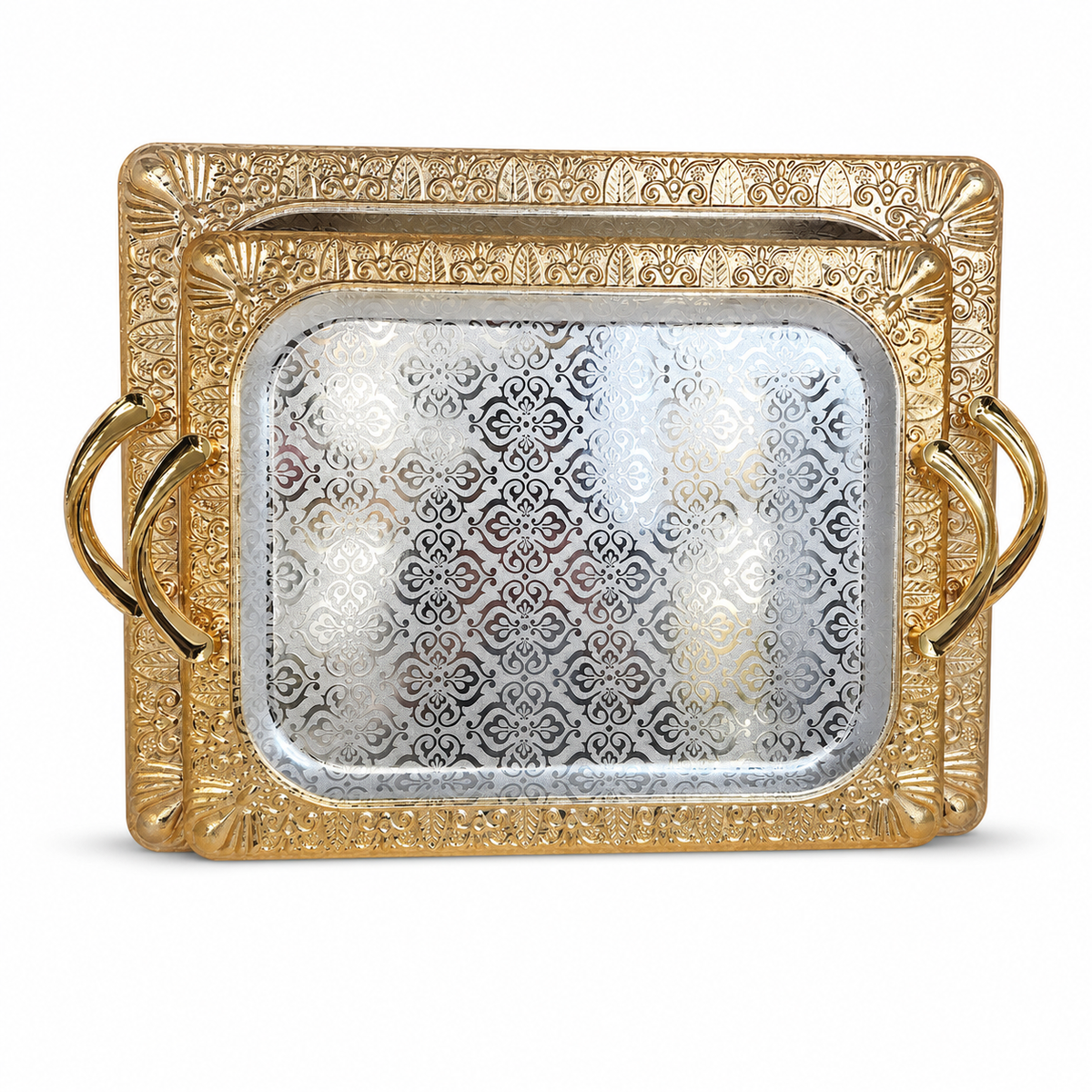 Elegant Ornate Gold Serving Tray Set with Handles - Vintage Style Rectangular Platters for Parties and Events