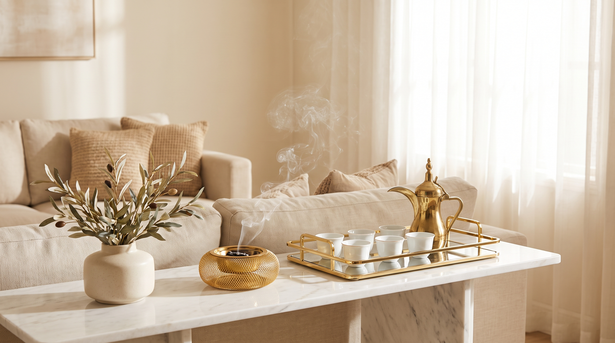 Marble console with a gold serving tray, coffee cups, a dallah and a mesh incense burner in a cream living room