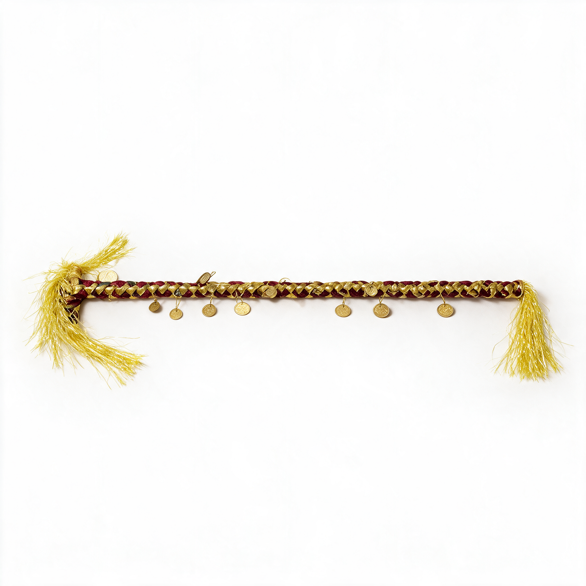 Burgundy and gold braided celebration cane with hanging gold-tone discs and tassels