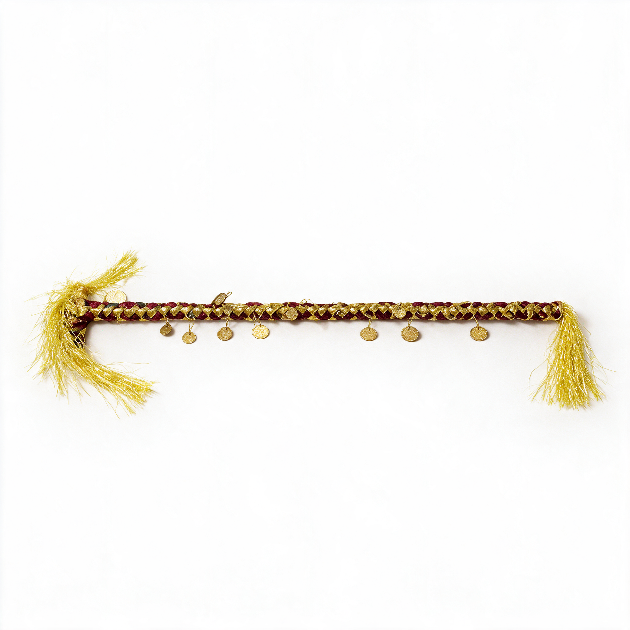 Burgundy and gold braided celebration cane with hanging gold-tone discs and tassels