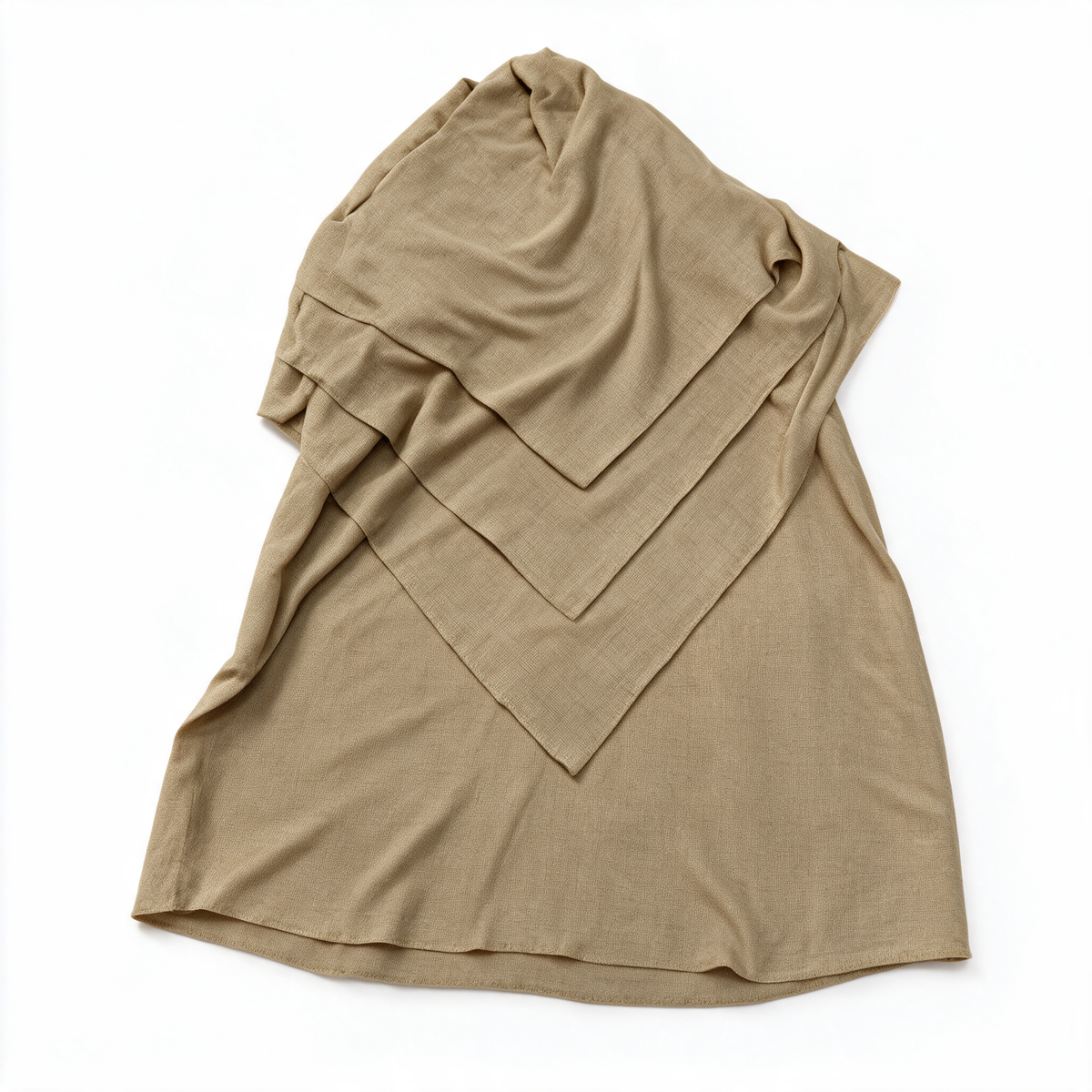 Khaki scarf loosely folded on a white background, showing its plain open weave