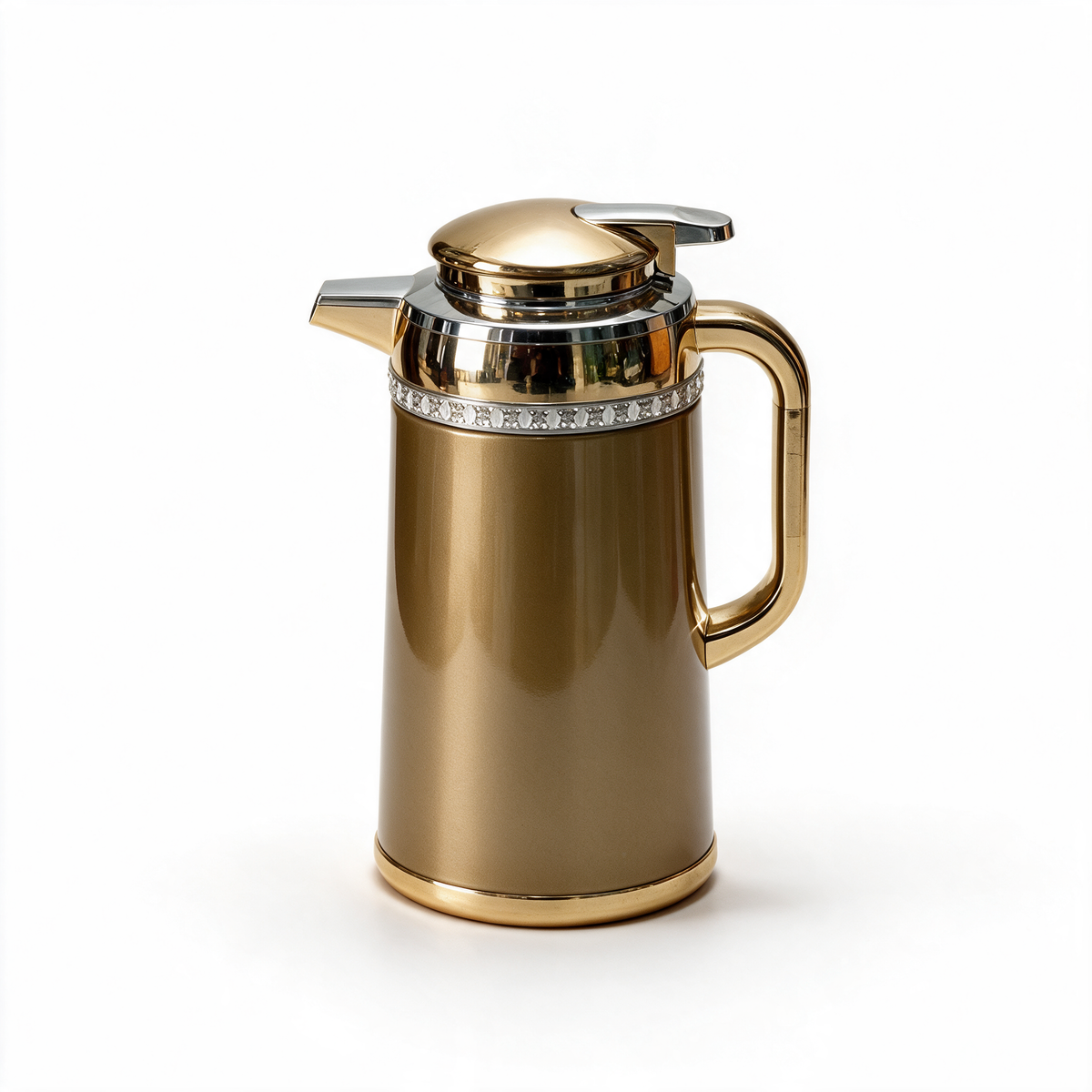 Gold-tone flask on white, jewelled neck band, plain gold handle and flared gold base ring