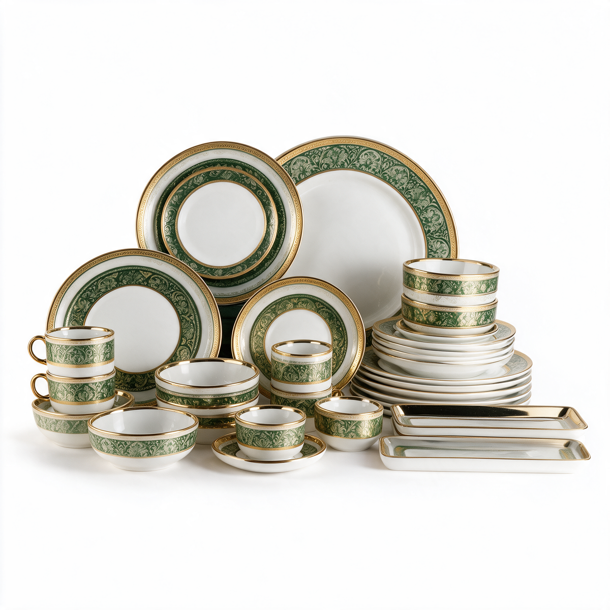 Green and gold ceramic dinnerware set, white pieces with green floral scroll bands, cups, bowls, platters