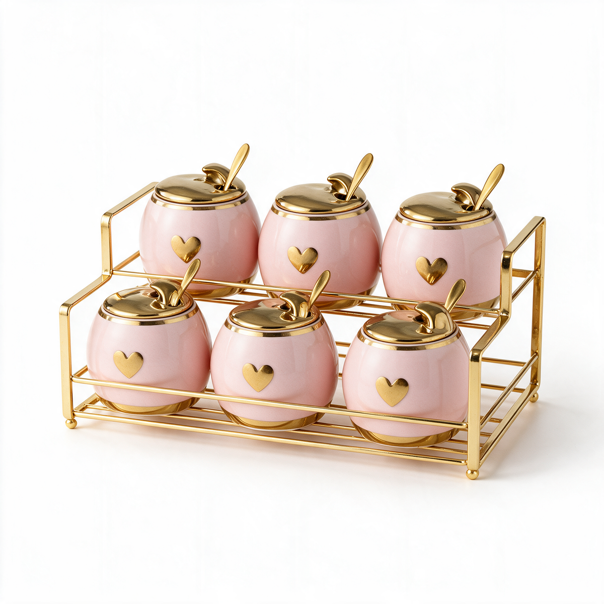 Ceramic Seasoning Canister Set with Gold-Tone Rack — Pink & Gold